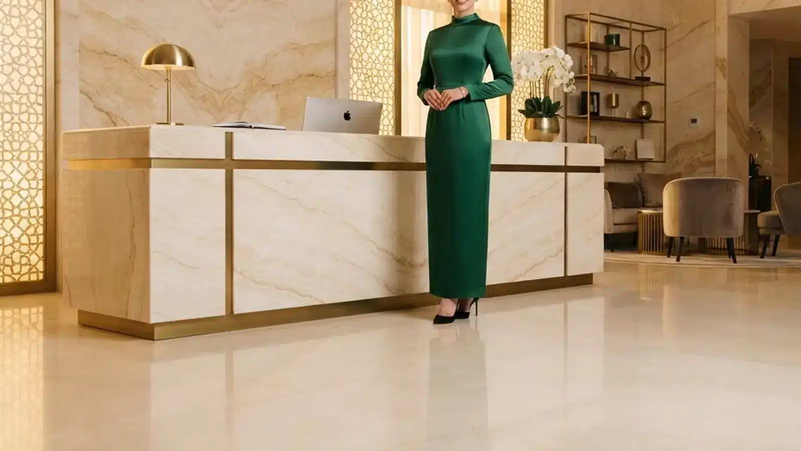 Reception desk of an operating hotel spa in Dubai