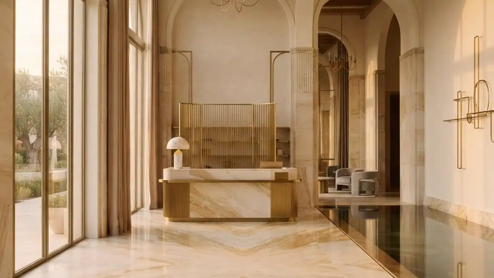 Marble reception lounge of a 5-star hotel spa in Dubai