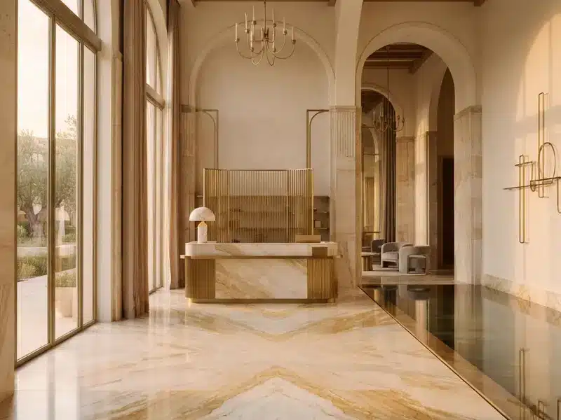 Marble reception lounge of a 5-star hotel spa in Dubai