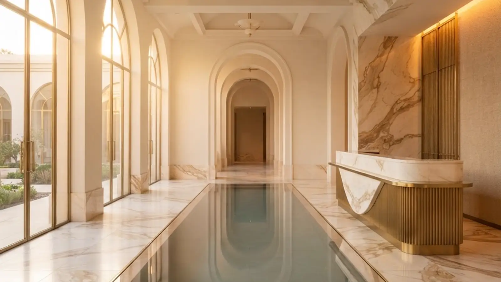 Arched thermal pool corridor in a luxury hotel spa