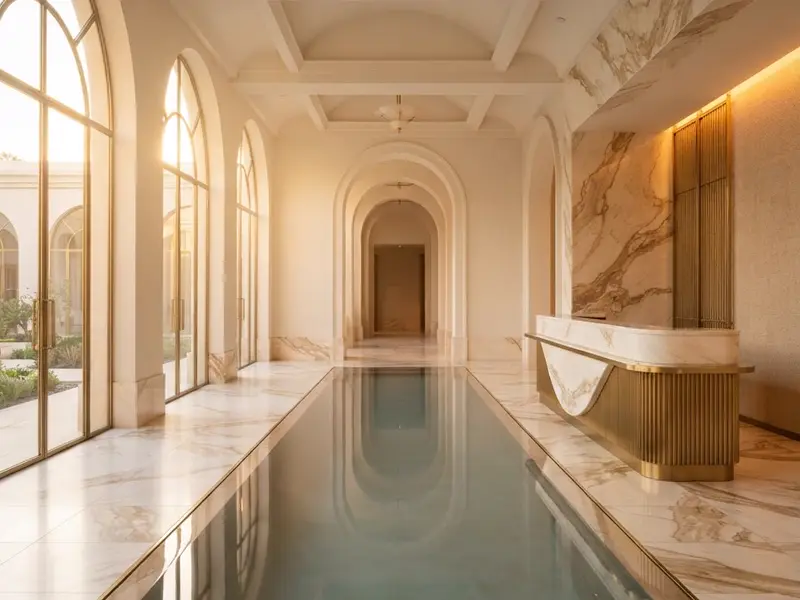 Arched thermal pool corridor in a luxury hotel spa